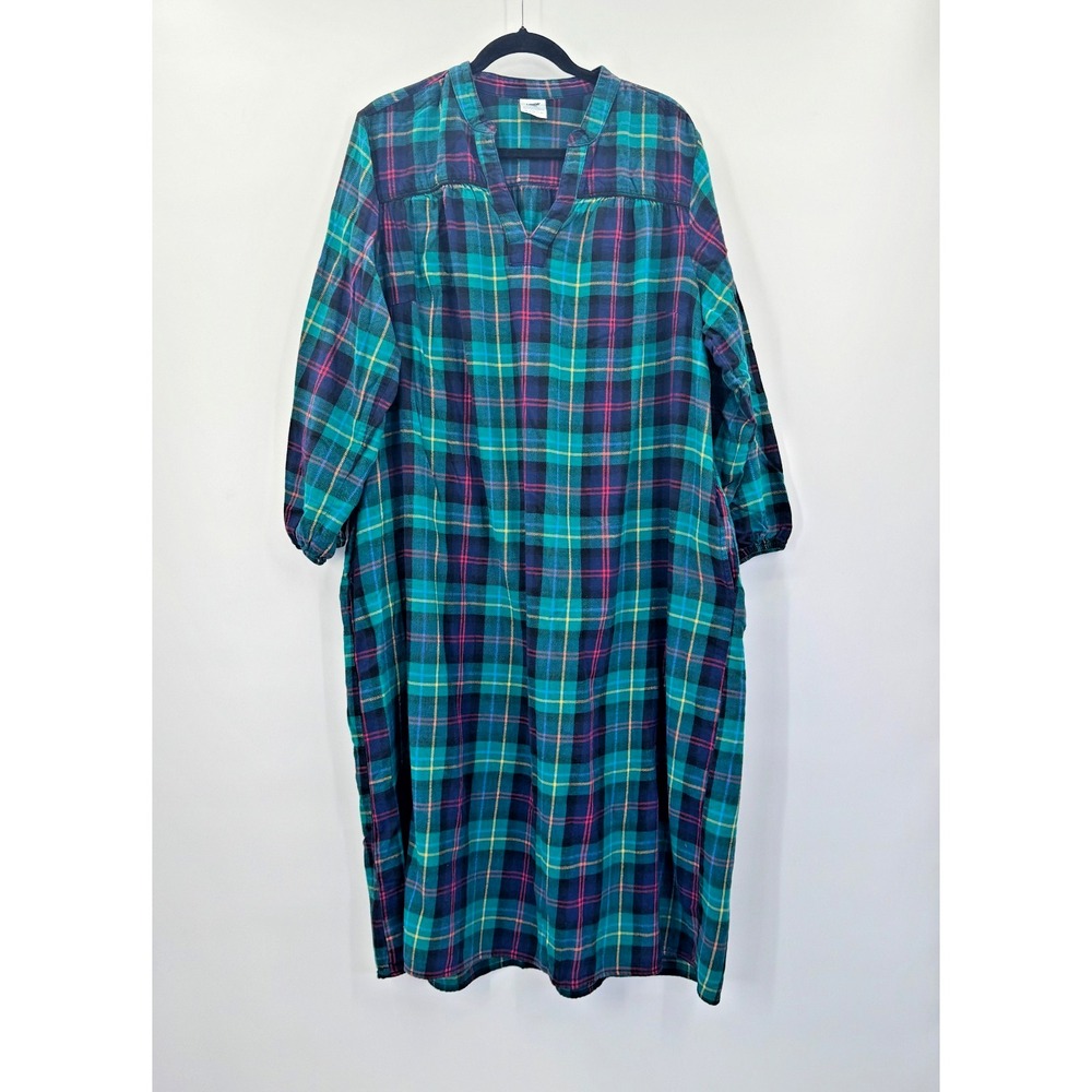 Lands End Green Tartan Plaid Flannel Nightgown 1X Full Length Sleepwear Pockets